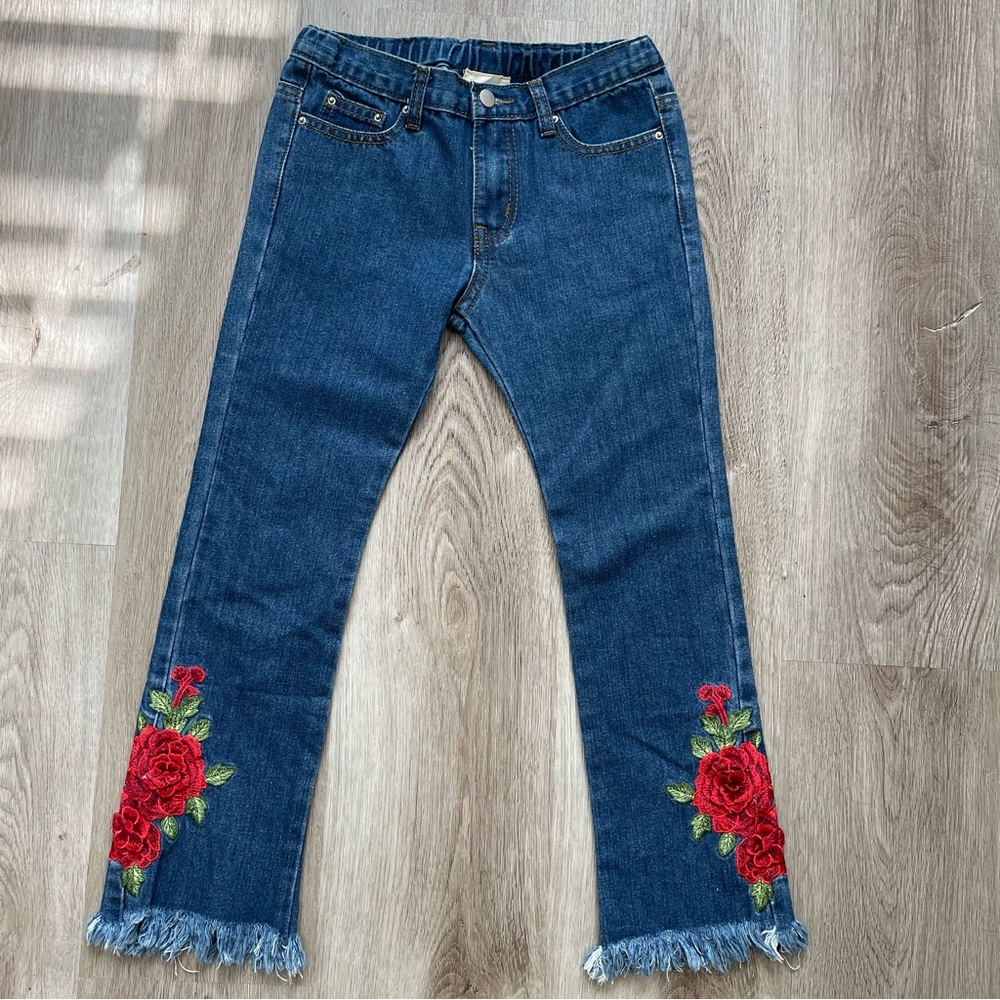 *NEW* HAYDEN GIRLS Rose Embroidered Fringe Bell-Bottom Jeans
